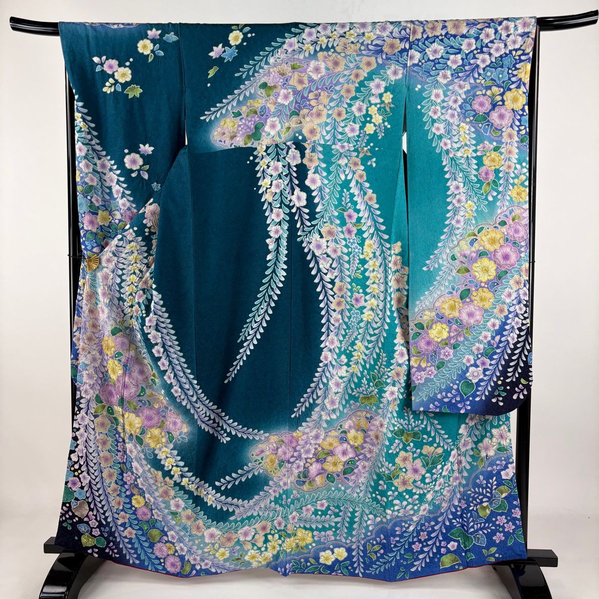振袖 身丈163cm 裄丈66.5cm M 袷 小寺義一 辻が花 金通し ぼかし 青緑 正絹