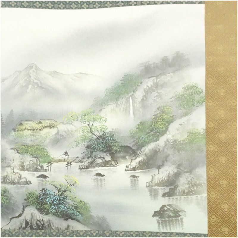 玉石筆 彩色山水 肉筆絹本掛軸掛け軸 床の間 書 おしゃれ 絵画