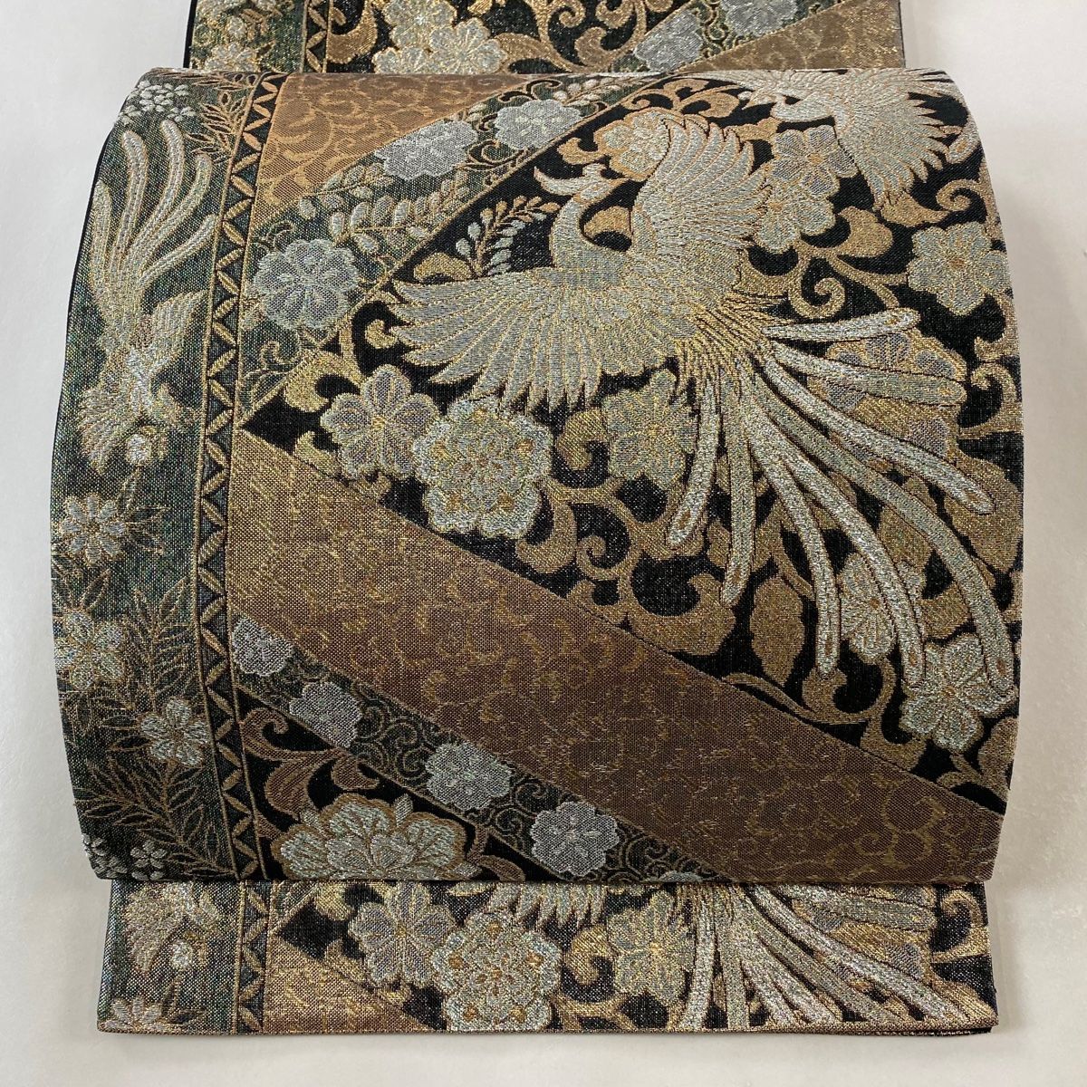 袋帯 秀品 鳳凰 花唐草 銀糸 ラメ箔 金茶 六通 正絹 【中古