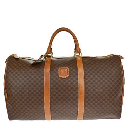 【中古】 セリーヌ CELINE マカダム ボストンバッグ ハンド トラベル 旅行かばん ブラウン PVC レザー ネームタグ付き 69MQ150