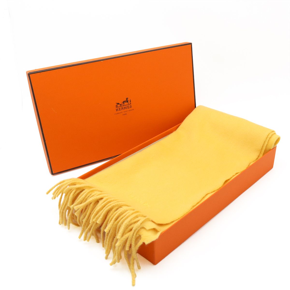 【美品】エルメス　マフラー　カシミヤ　大判　ロゴ刺繍　フリンジ　イエロー HERMES エルメス マフラー ストール フリンジ ロゴ刺繍 カシミヤ