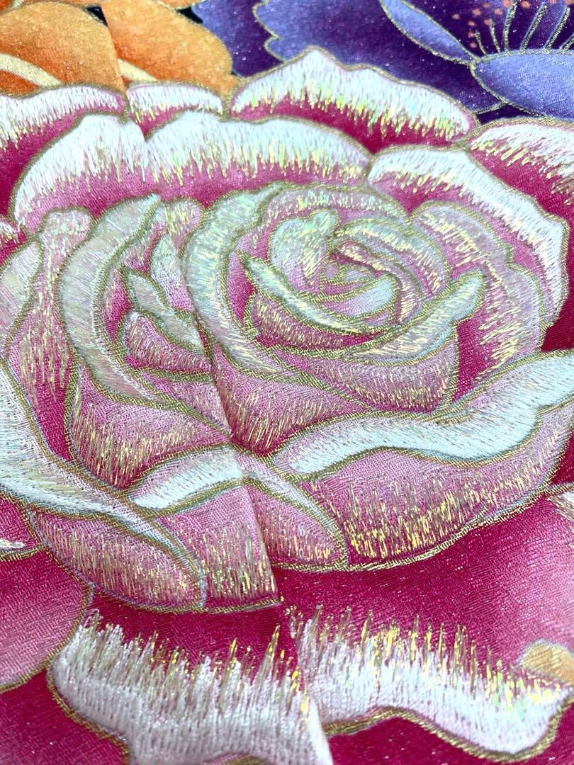 振袖 仮絵羽 舞台衣装 銀通し ラメ刺繍 薔薇 正絹 未仕立て品 八掛付き