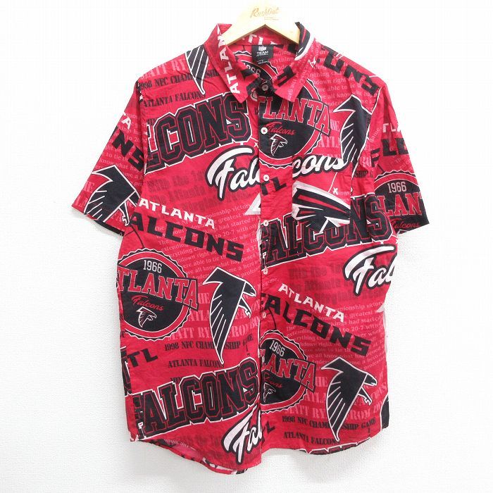 L/古着 半袖 シャツ メンズ 00s NFL アトランタファルコンズ 総柄 コットン 赤 レッド アメフト スーパーボウル 24jun27 中古 トップス