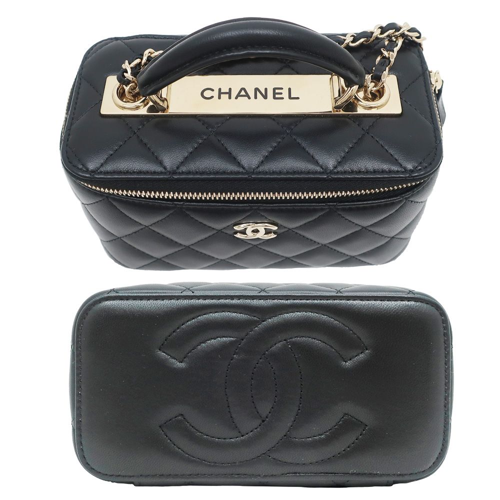 CHANEL ブラック ポーチ ゴールドチェーン チェーン クラッチ バッグ - パテント ラムスキン、ブラック