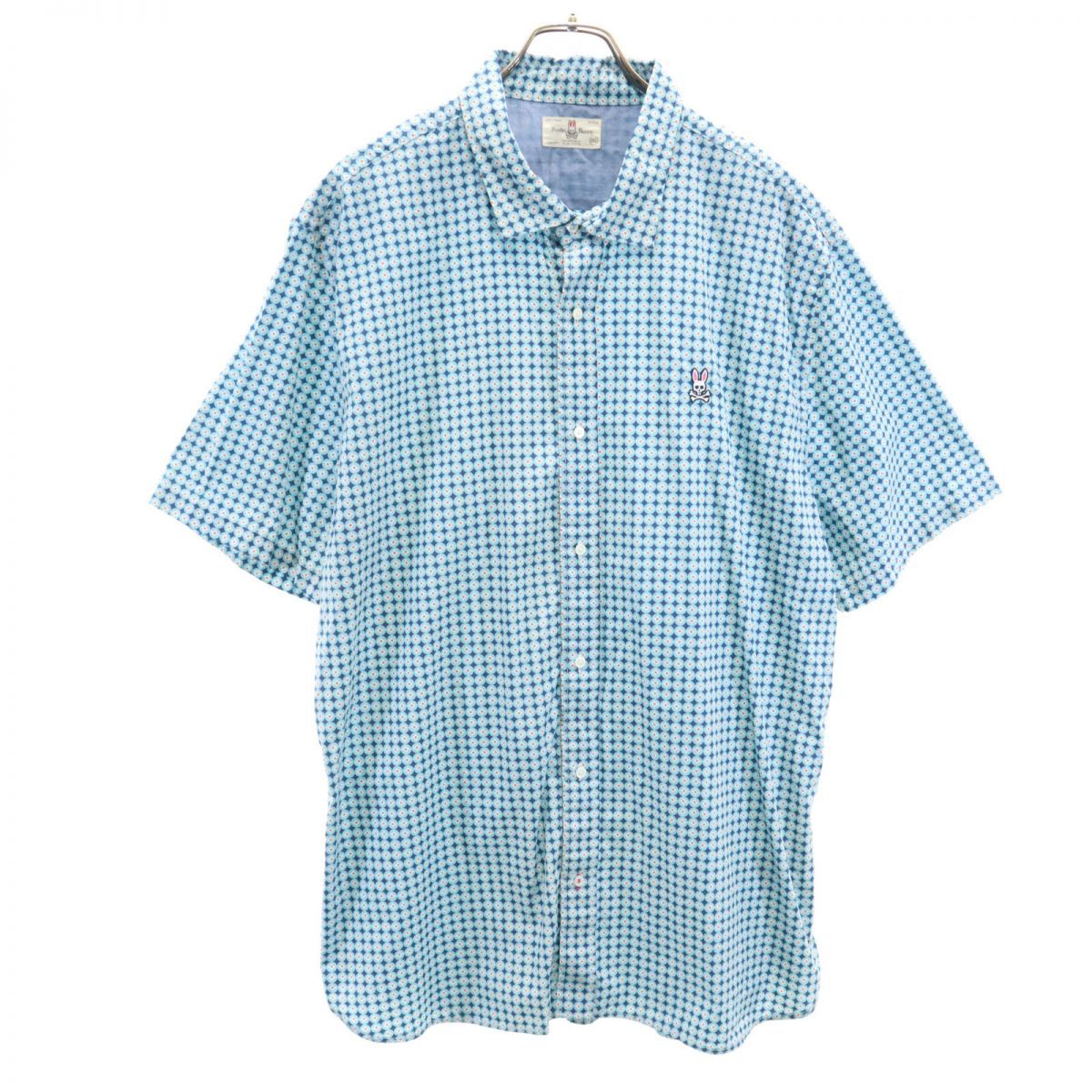 サイコバニー 総柄 半袖 コットンシャツ 3XL ブルー系 Psycho Bunny ビッグサイズ メンズ 古着 【240322】