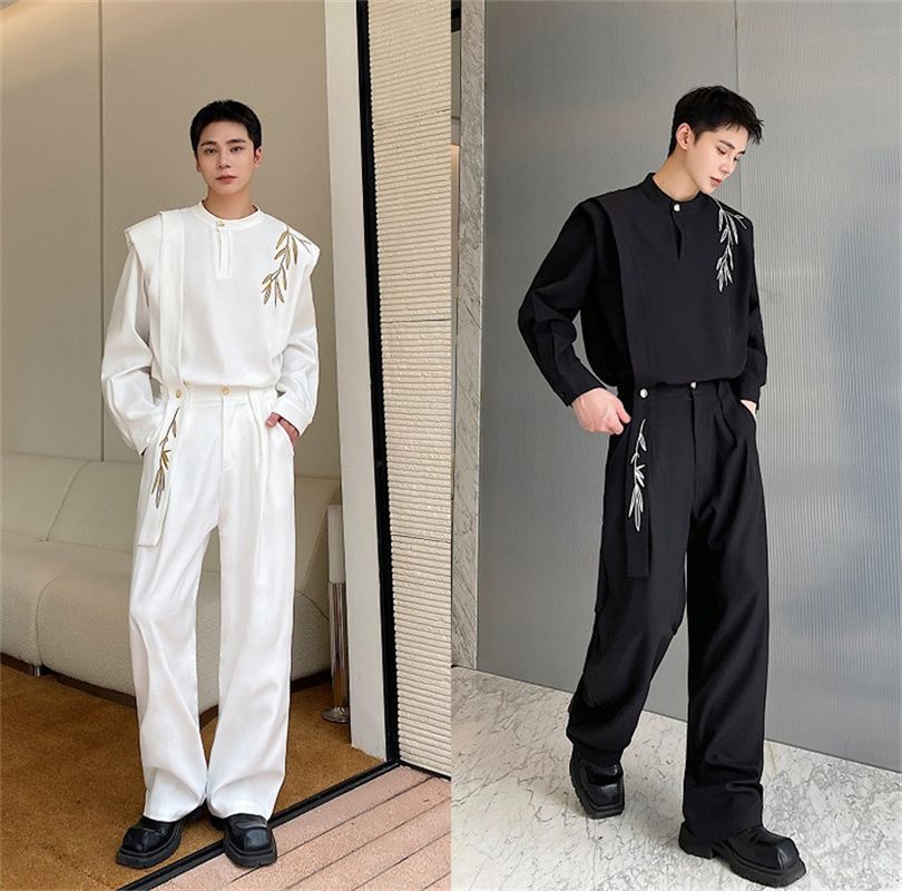 メンズ カジュアルシャツ Tシャツ 丸首 柄物 ダンスウェア 男子上下セット 白黒 ズボン コスチューム スラックス 舞台衣装 イベント服 ライブ 発表会