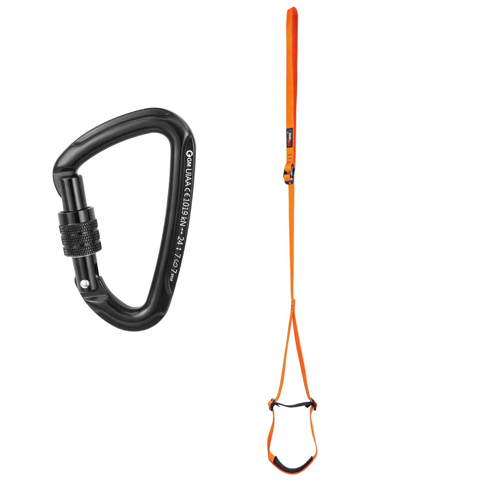 Color フットループ | カラビナブラック GM CLIMBING フットループ と 24kN ロッキングカラビナ ブラック セット 長さ調整 クライミング アーボリスト ロープ登高 レスキュー