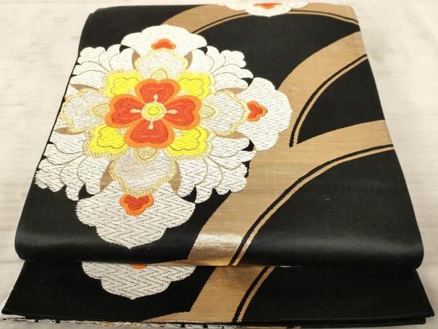 平和屋着物◎六通柄袋帯 唐織 正倉院花文 黒地 金銀糸 正絹 逸品