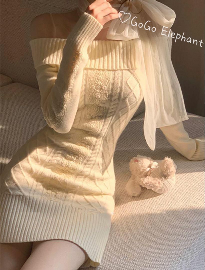 韓国♡愛される 綺麗め♡ チュール ドッキング リボン ニット ワンピース 上品 韓国♡愛される 綺麗め♡ チュール ドッキング リボン ニット