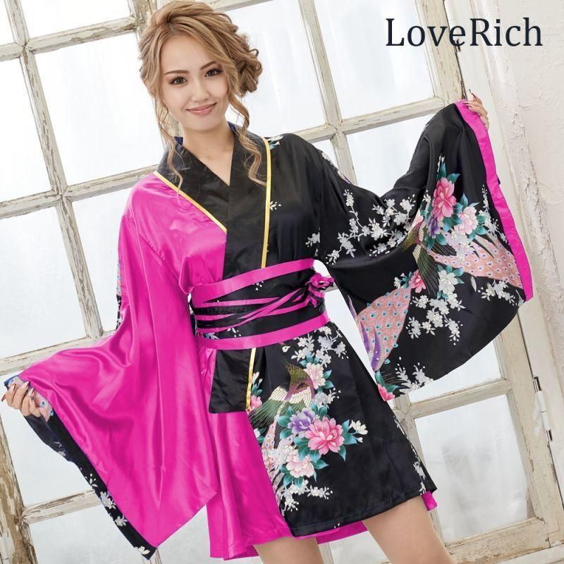 LoveRich ラブリッチ ツートンカラー サテン 和柄 花魁 ミニ 着物