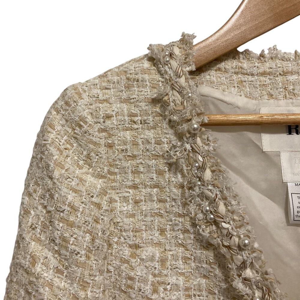 美品 Rene ルネ パール装飾 ノーカラー クロップド ツイードジャケット