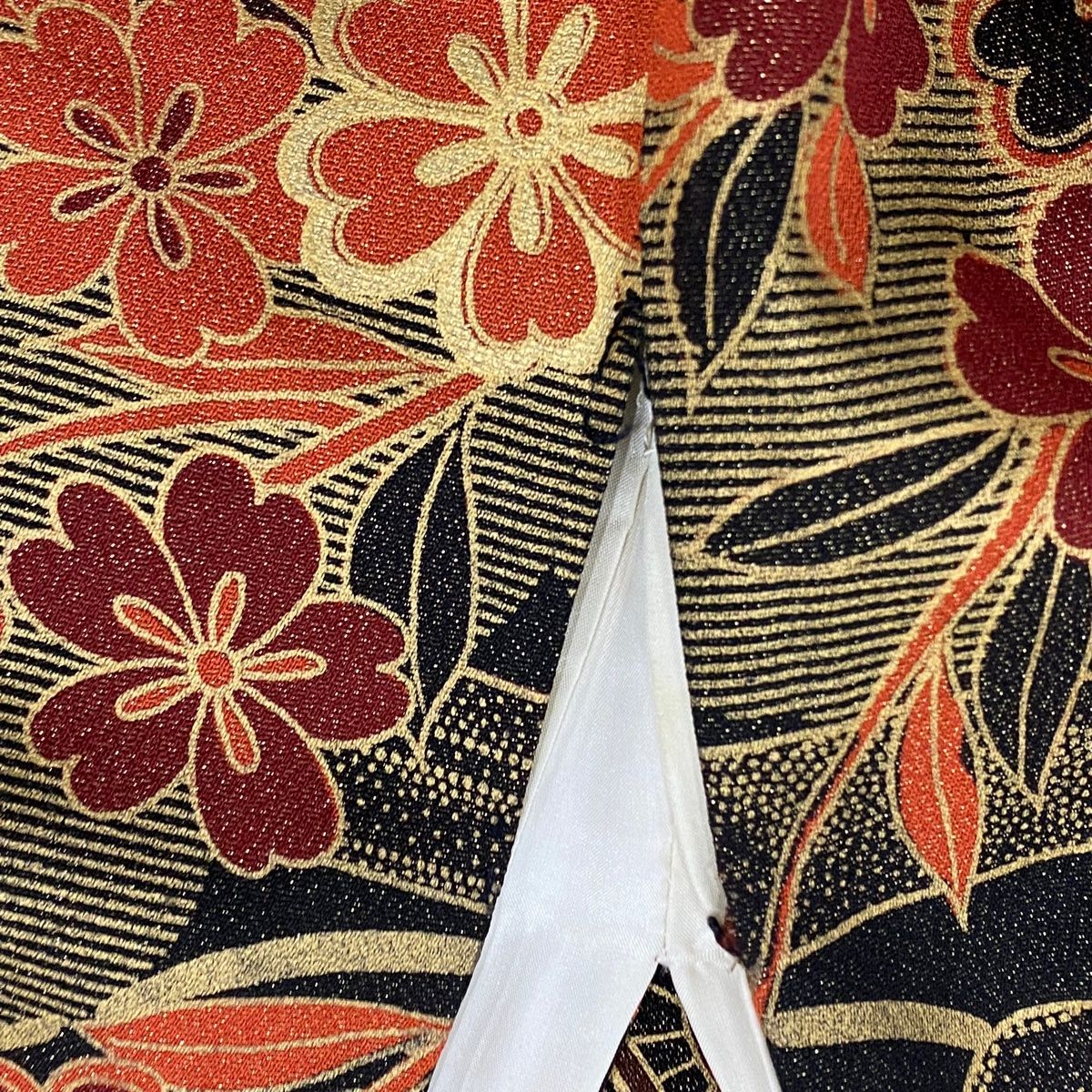 振袖 身丈156cm 裄丈63.5cm S 袷 御所車 菊 金糸 銀通し 朱色 正絹  