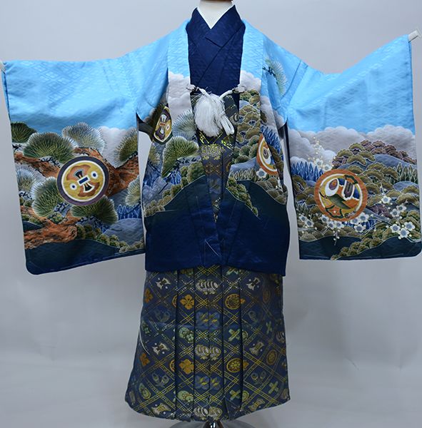 七五三 五歳 男児 羽織袴フルセット 着物 綸子地 水色地 鷹 M寸 紋袴 