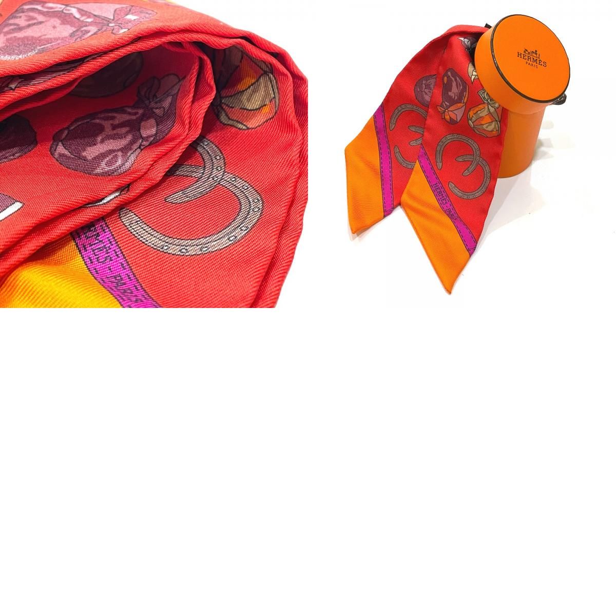 エルメス HERMES ツイリー JOCKEY 馬術用帽子柄 アクセサリー スカーフ シルク レッド×オレンジファッション小物