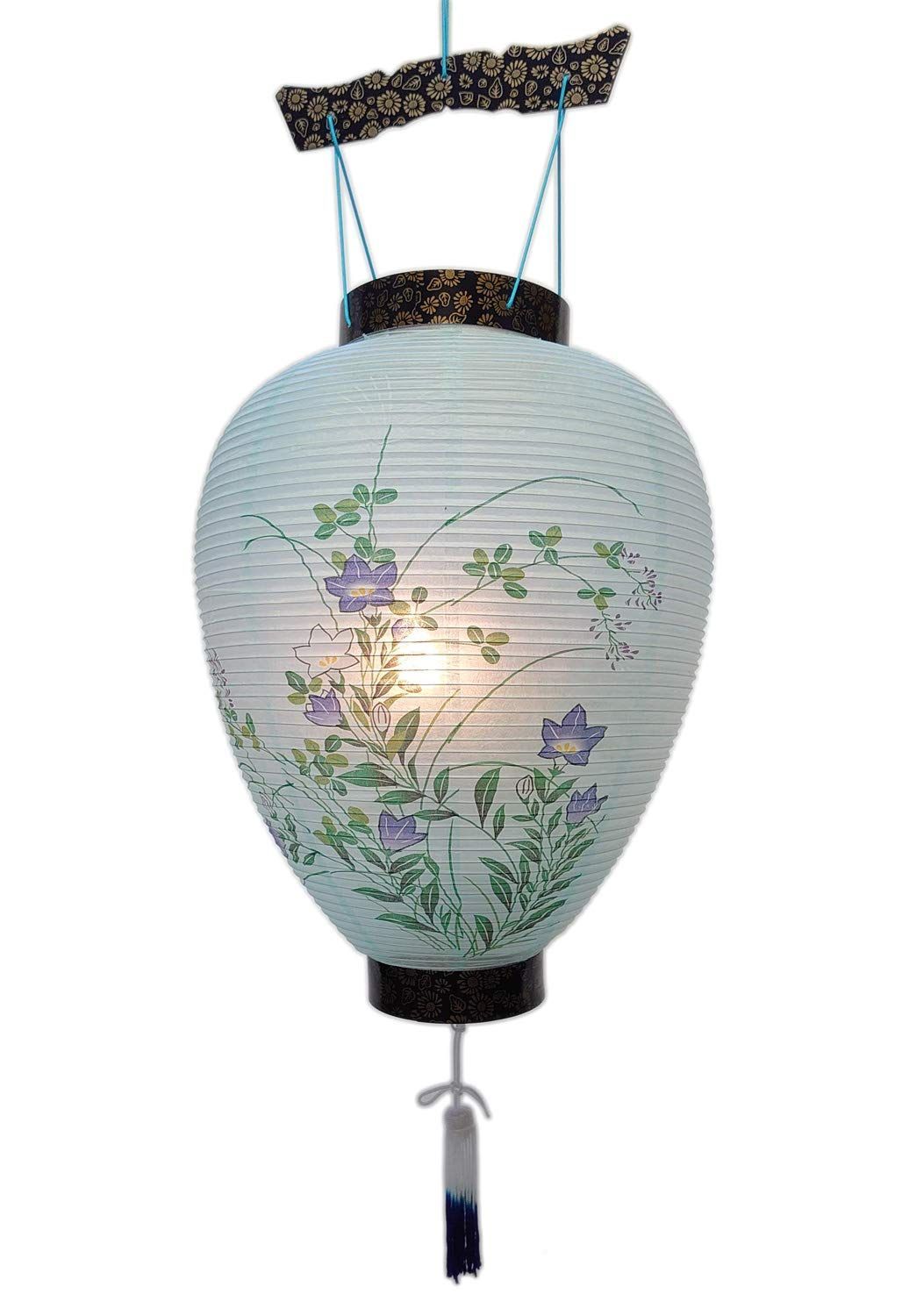 漆ぷろだくと 盆提灯 盆ちょうちん お盆提灯 御所提灯 LEDローソク 電池灯付き コードレス 高さ48cm×火袋径28cm 紙蒔絵模様 黒 和紙張 吊り提灯