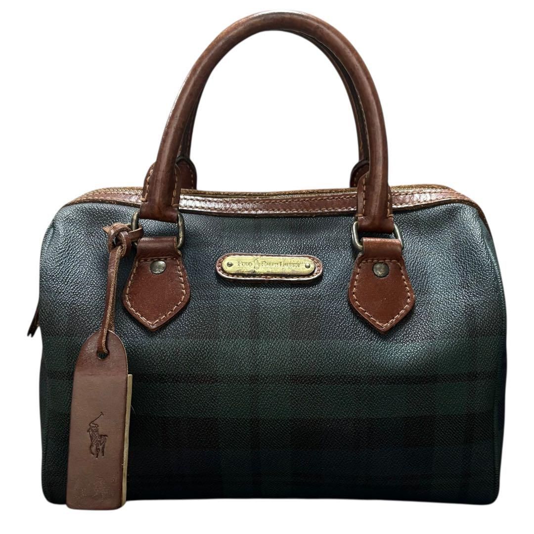 ポロ ラルフローレン POLO RALPH LAUREN ミニボストンバッグ ハンドバッグ PVC レザー チェック ブラックウォッチ ブラシ付き