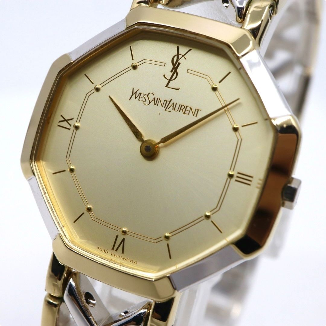 |電池交換済 イヴサンローラン YSL 腕時計 4620-E62143 レディース クオーツ アナログ オクタゴン 八角形 ゴールド文字盤 コンビブレス ヴィンテージ クラシック エレガント ドレスウォッチ クリーニング済 G2