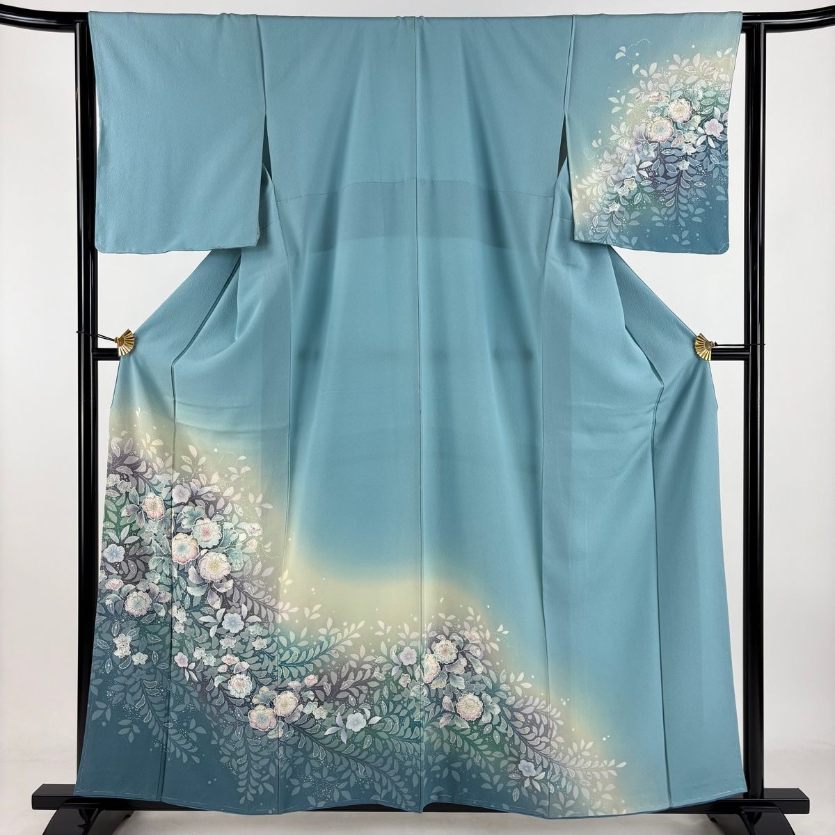 訪問着 身丈160cm 裄丈63.5cm S 袷 草花 ぼかし 水色 正絹 名品 一つ紋