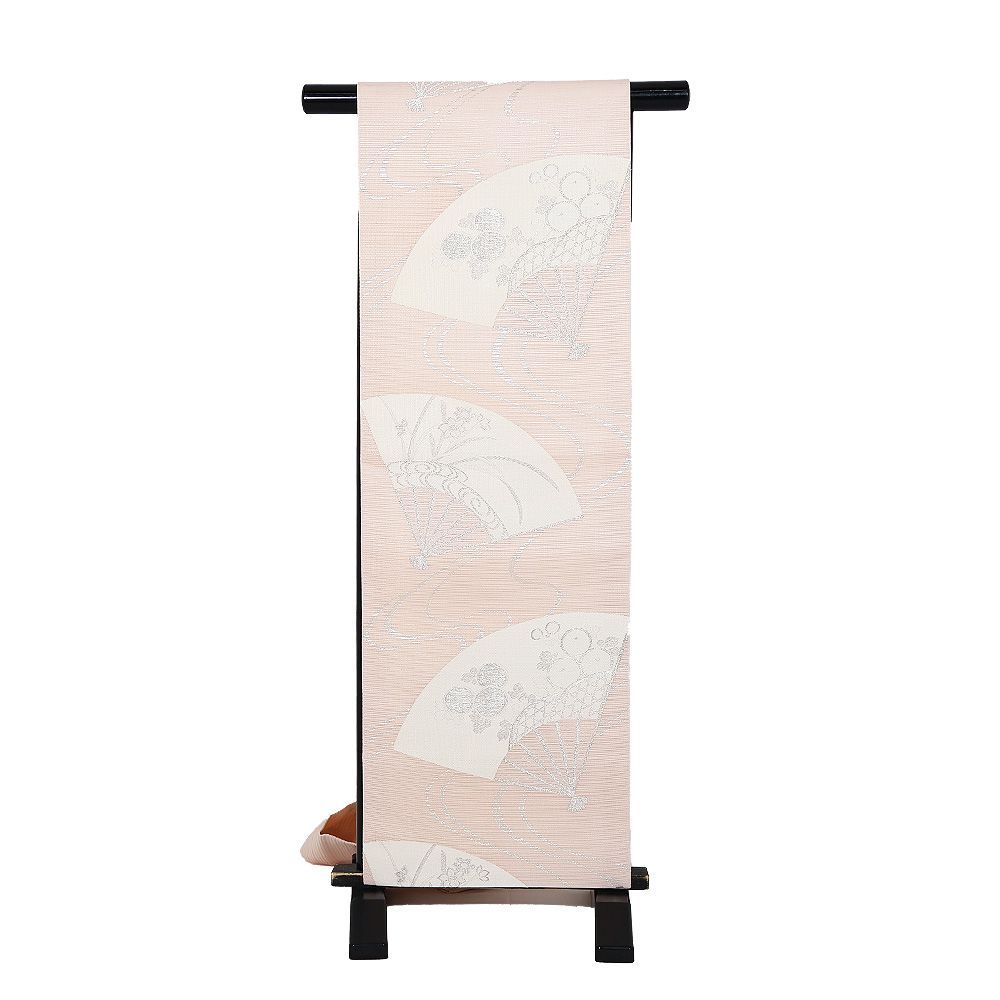 堅絽 名古屋帯 正絹 ピンク 扇子 万寿菊 桔梗 N3030 美品 夏帯 M