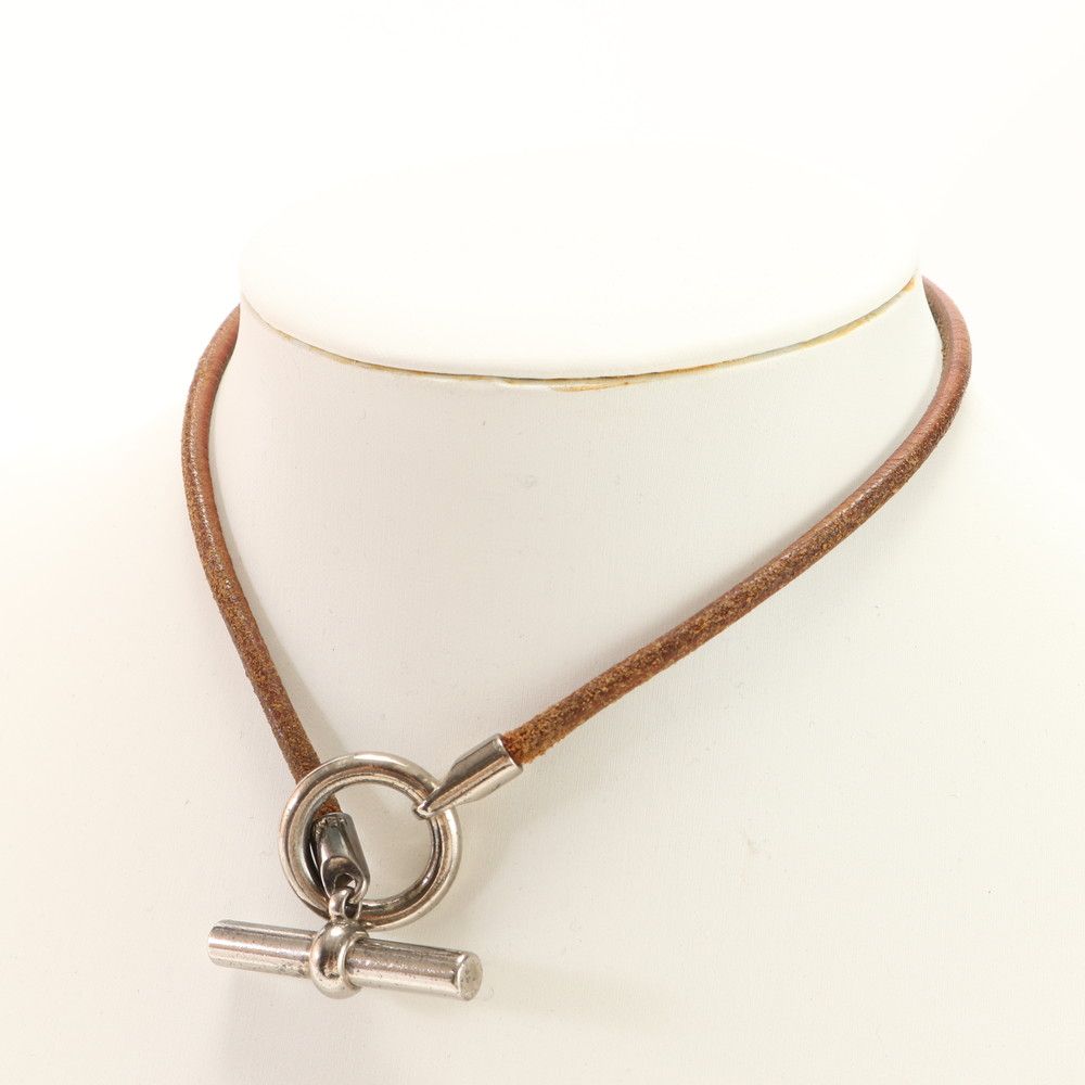 エルメス グレナン レザー チョーカー シルバー 金具 ブラウン 茶色