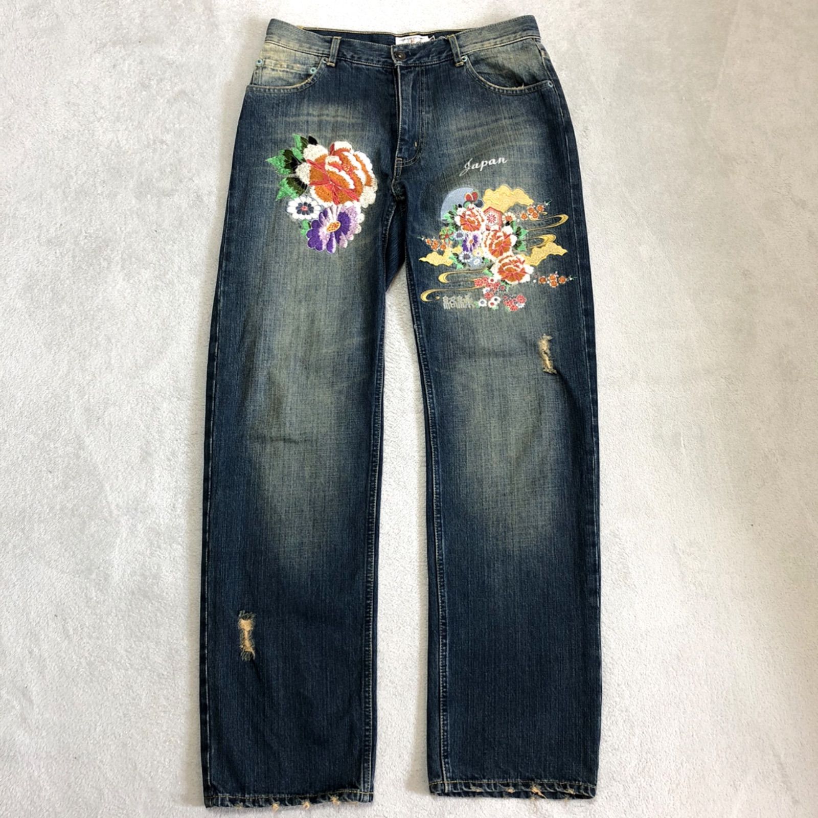 絡繰魂 デニムパンツ ジーパン ジーンズ 刺繍 和柄 花柄 ヴィンテージ 