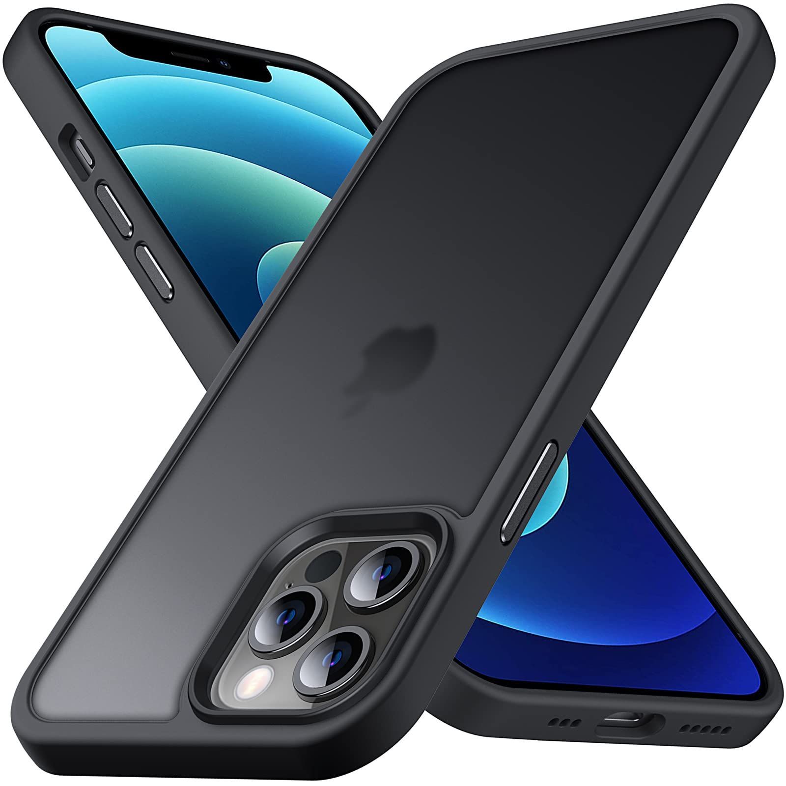 ワイヤレス充電対応 ストラップホール付き マット感ケース スマホケース 指紋防止 米軍MIL規格 アイフォン12/12Pro 滑り止め 耐衝撃 カバー 半透明 ケース 6.1インチ ケース iPhone12Pro マットブラ