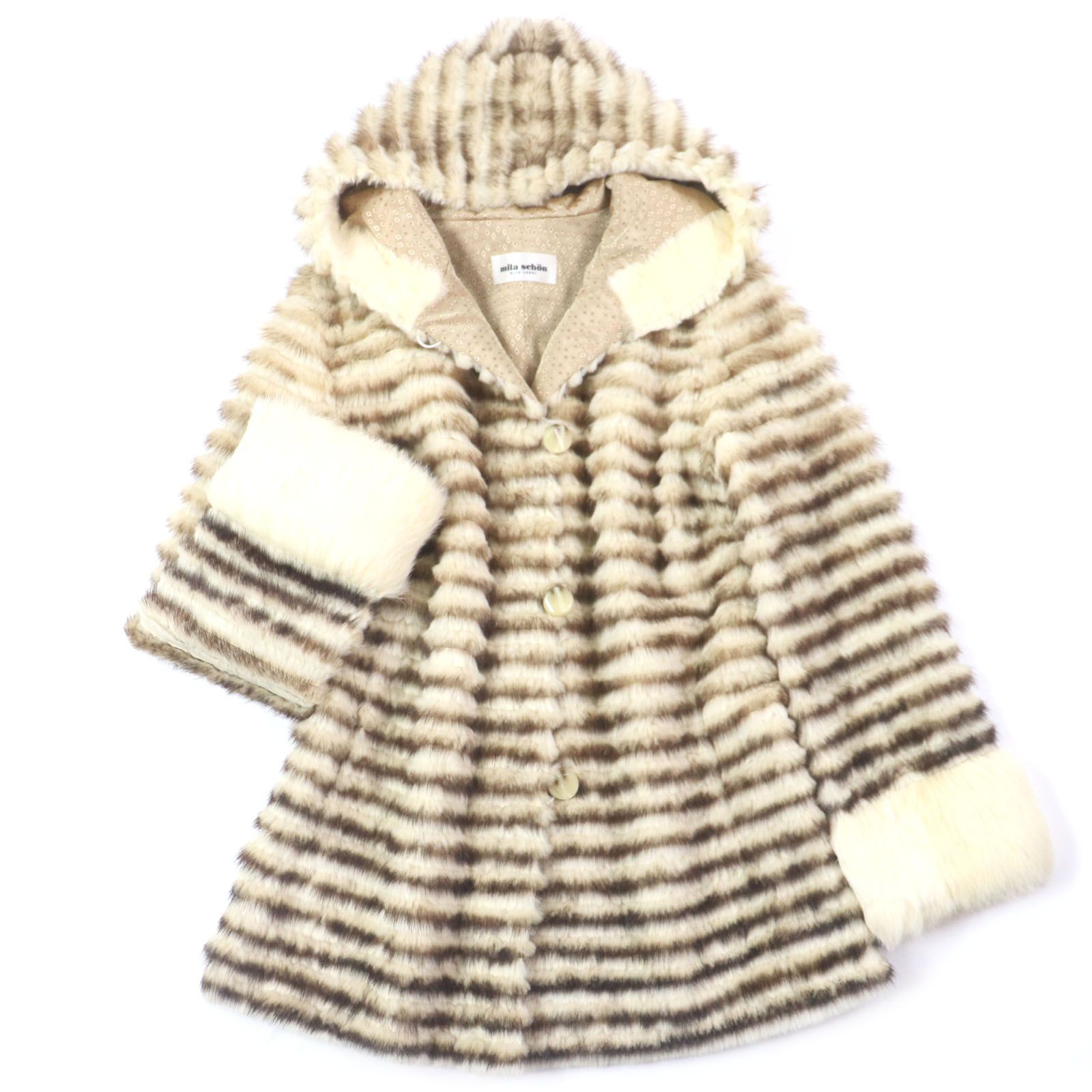 mila schon ミラショーン ミンク ラビット MINK フード付き 本毛皮コート ベージュ ブラウン M レディース 毛質柔らか◎