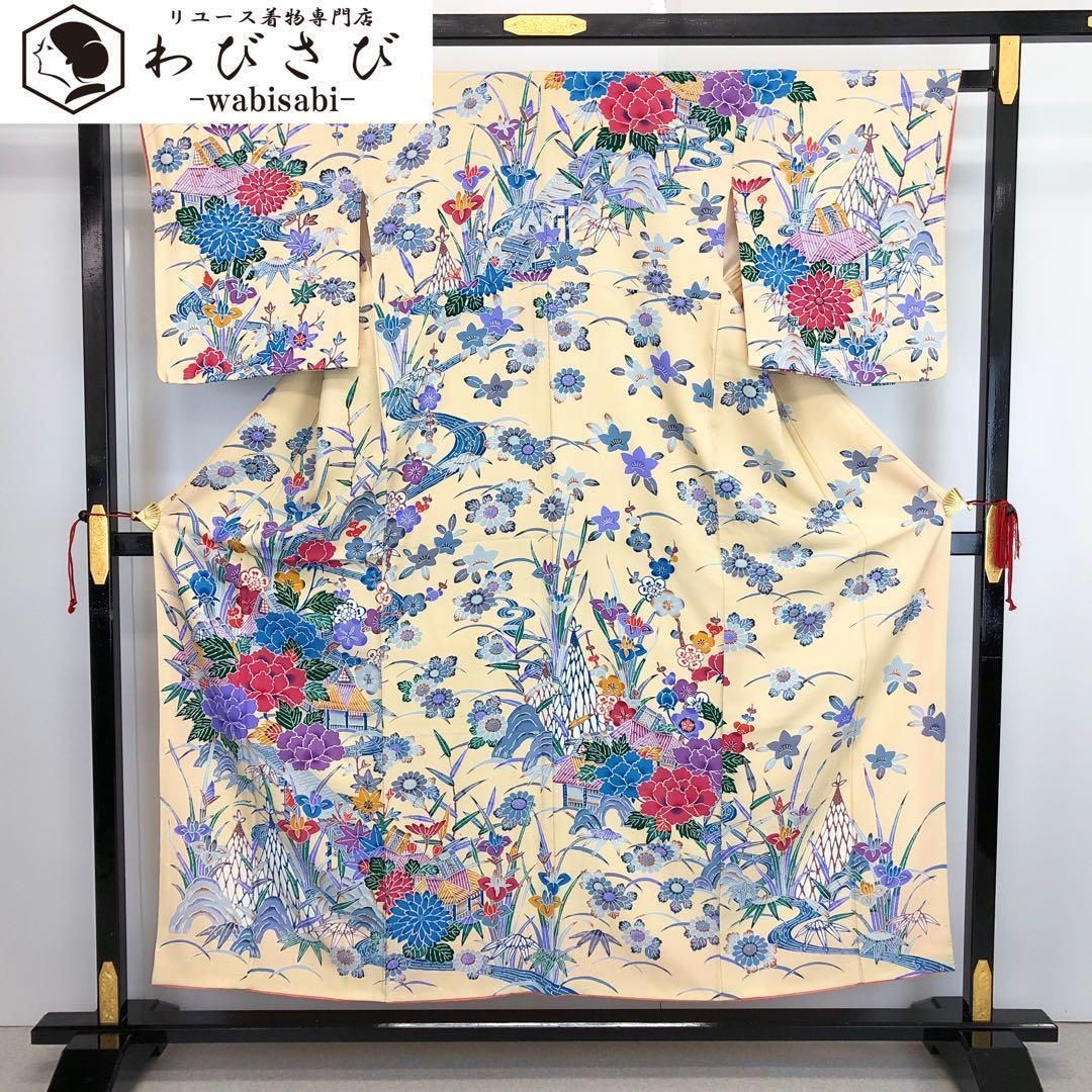 訪問着 鮮やかな四季の花柄模様 型染 縮緬 麹色 K-3344 - メルカリ