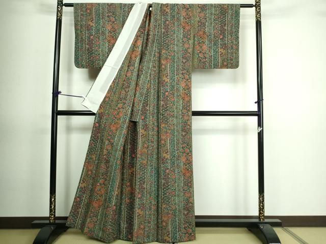 英　墨流し　袷 裄長】訪問着 袷 しだれ桜に扇 観世水文織出し 絞り 金彩 刺繍
