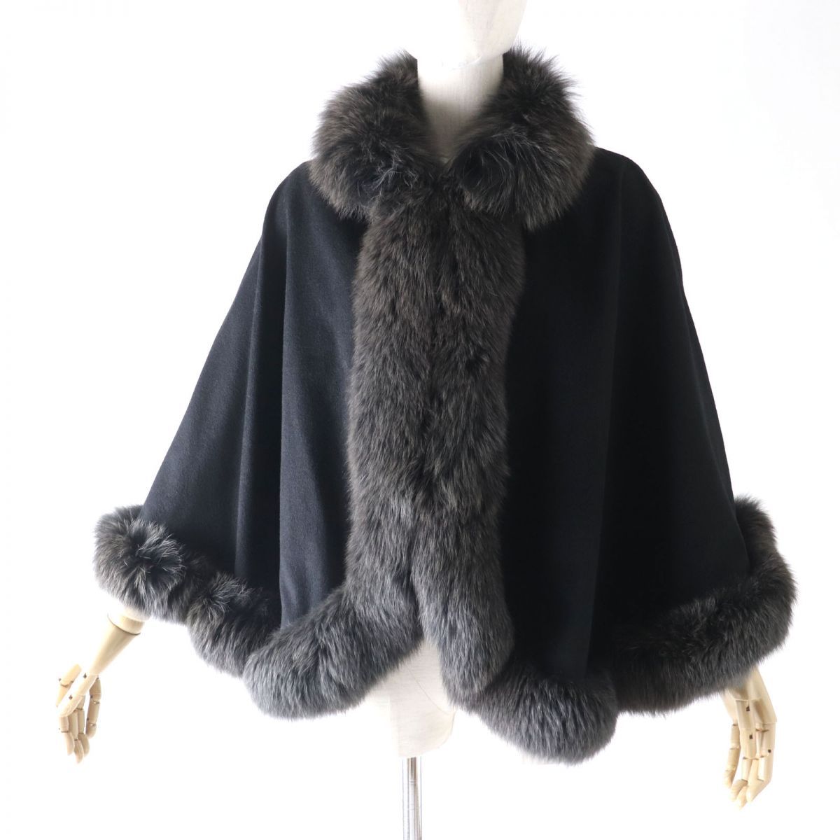 新品同様 saga furs ポンチョ カシミヤ ブルーフォックス 送料無料 新品同様 サガファーズ カシミヤ100% ボリューム ブルー