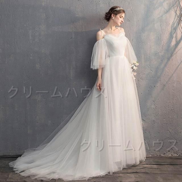 オフショルター ウェディングドレス マキシ丈 Aライン 結婚式ドレス 白 編み上げ 大きいサイズ 花嫁ドレス 二次会|忘年会|披露宴 パーティ