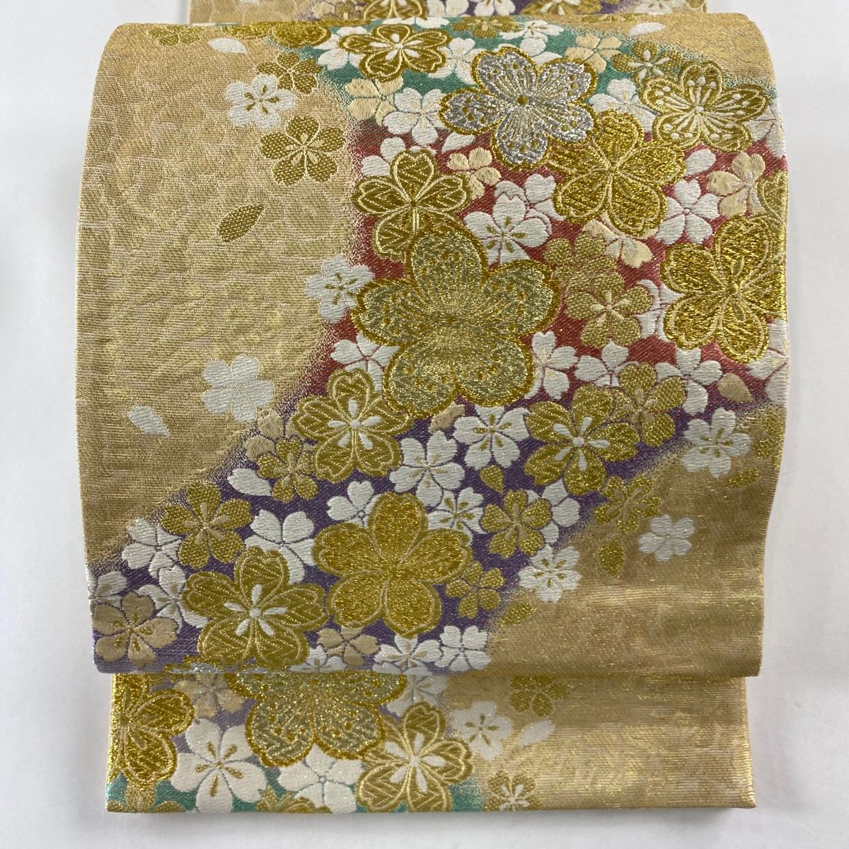 袋帯 美品 秀品 桜 金銀糸 ラメ箔 金色 六通 正絹 【中古
