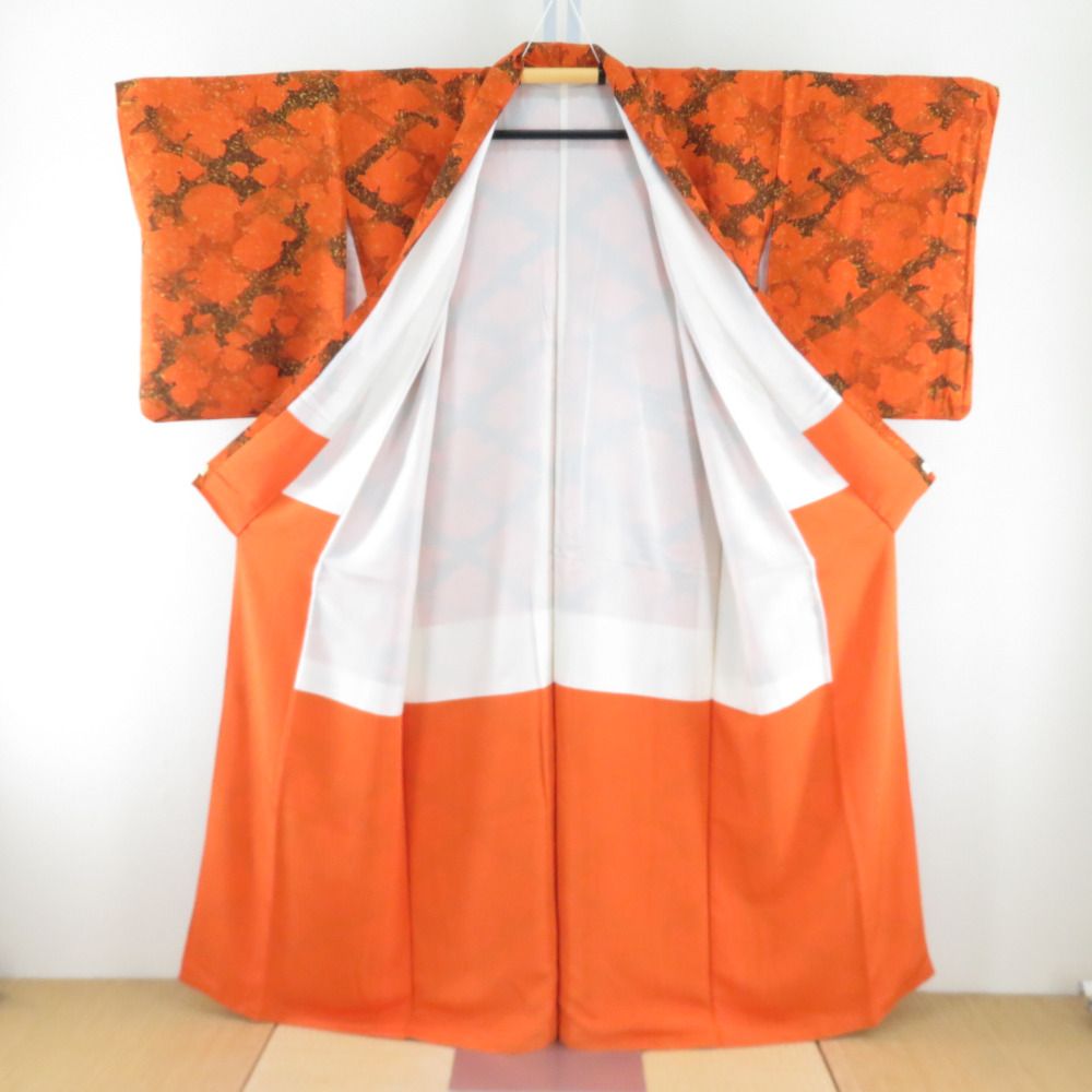 小紋 タタキ染め 網模様 オレンジ色x茶色 正絹 広衿 仕立て上がり着物