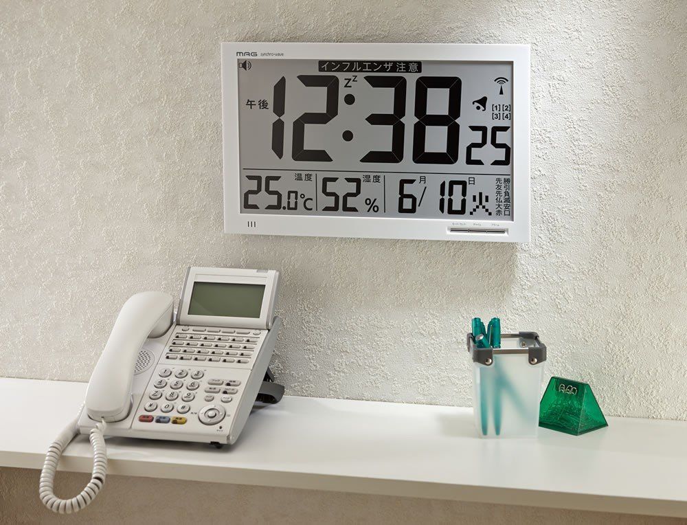 送料無料 MAG マグ 掛け時計 デジタル 電波時計 オフィス プログラム アラーム 大型 大きい 縦約23.0×横約37㎝ 環境目安 熱中症 インフルエンザ 乾燥 快適 警報 カレンダー 六曜 ホワイト メルスター W-602 WH ノア精密