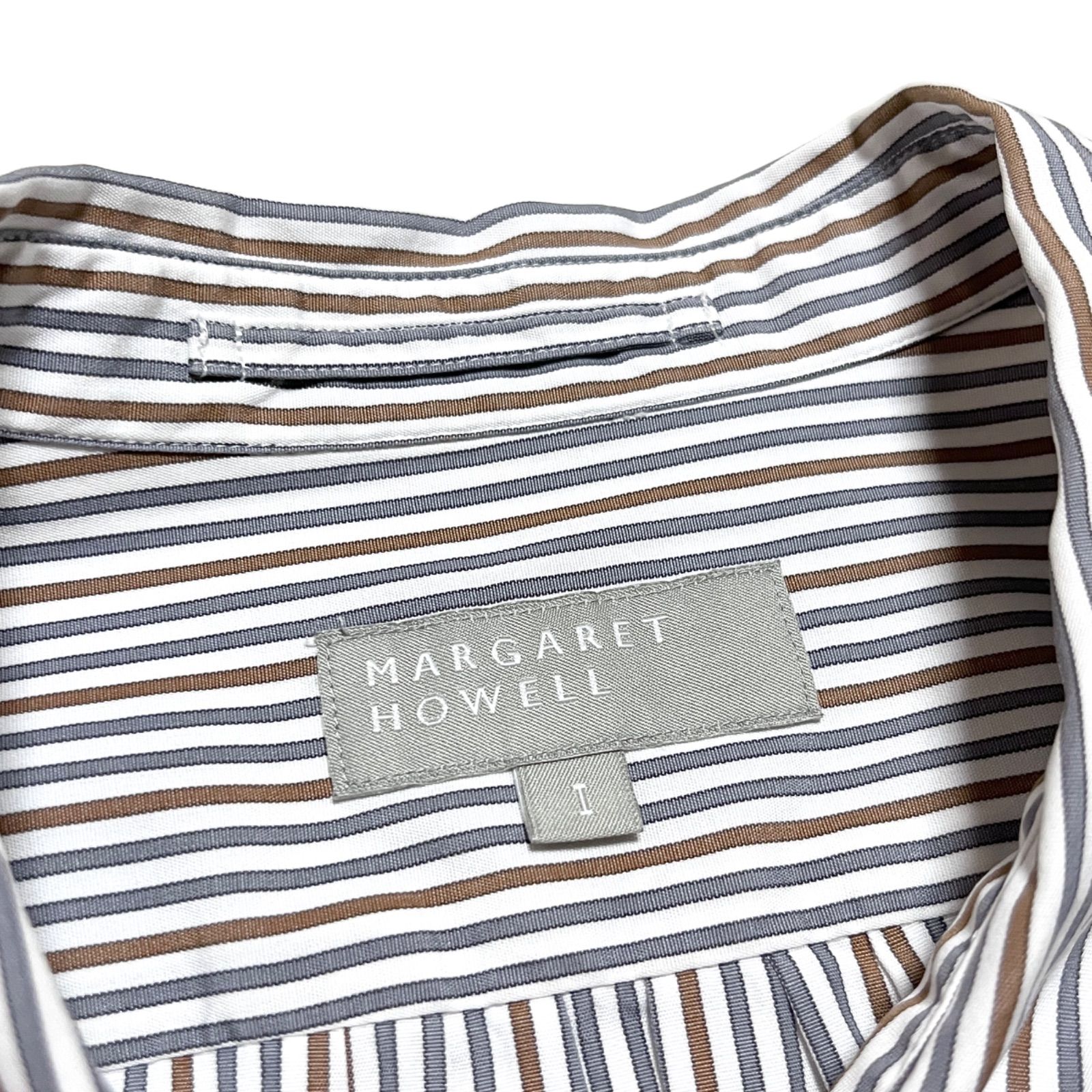 cE94 MARGARET HOWELL 丸襟ストライプシャツ 比翼ボタン