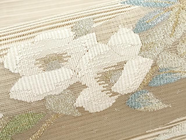 夏物 絽綴れ 八寸名古屋帯 （アラベスク文） 正絹美品 平和屋着物＊夏物 絽綴れ 八寸名古屋帯 吉祥花文 金銀糸 正絹
