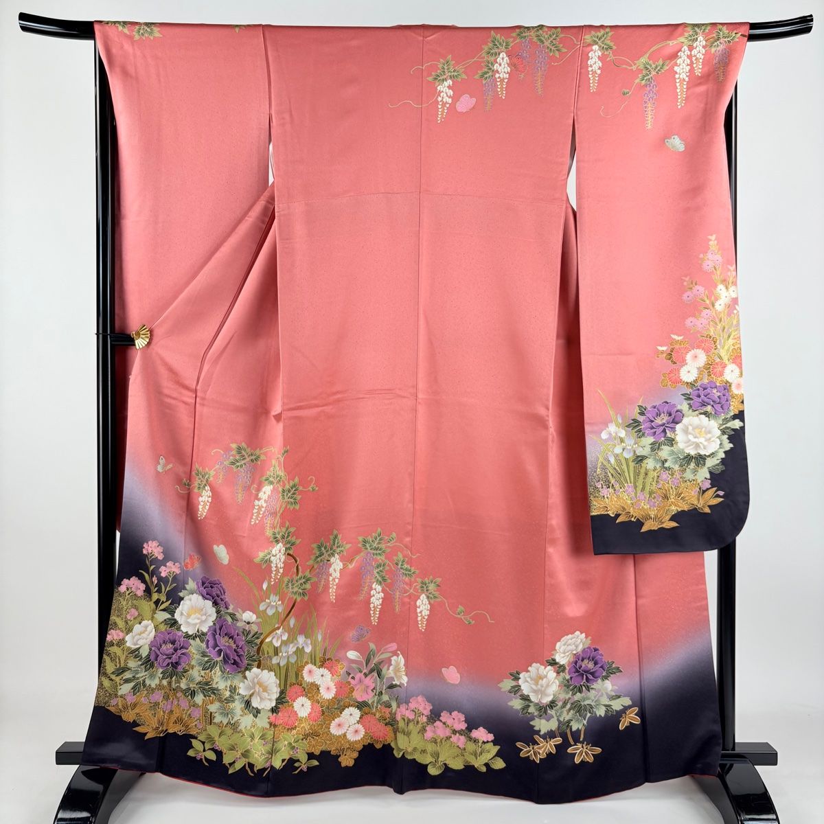 振袖 身丈165.5cm 裄丈67.5cm L 袷 花籠 牡丹 金糸 金彩 黒