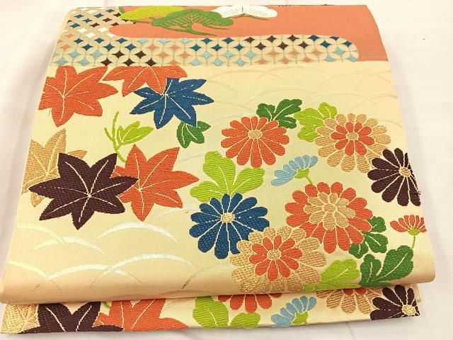 平和屋着物◎六通柄袋帯 唐織 芝草亀甲花文 金糸 正絹 逸品