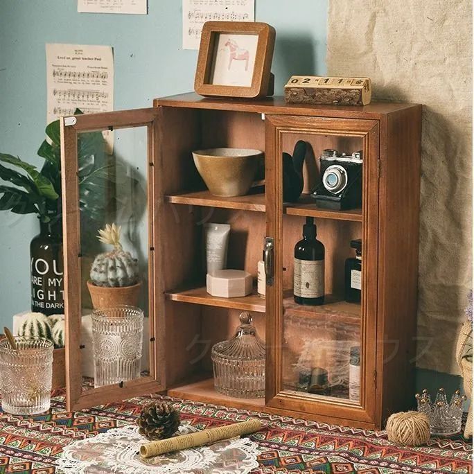 アンティーク 木製キャビネット ガラス戸棚 引き出し付き　棚　ショーケース Amazon.co.jp: アンティーク キャビネット ガラスケース