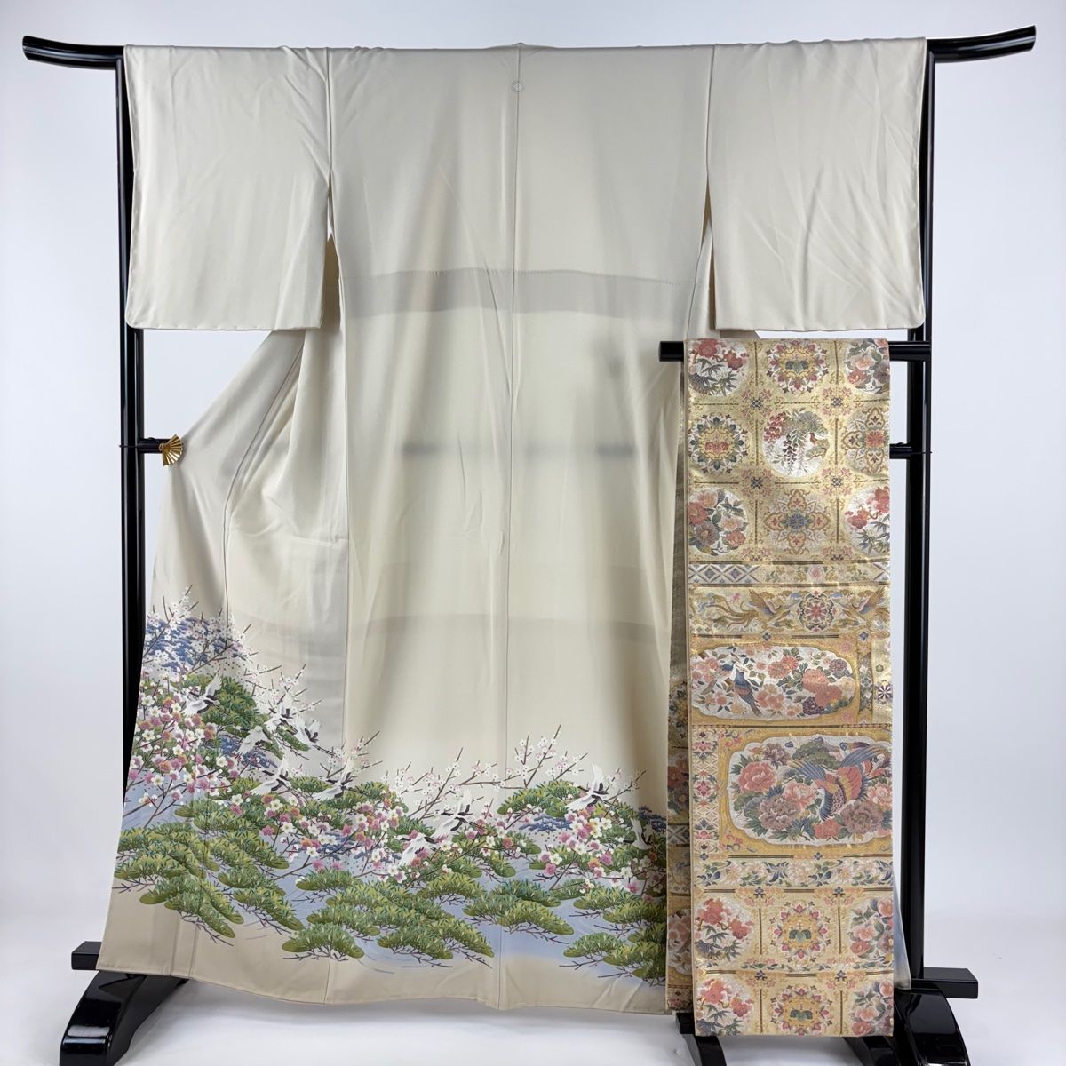 色留袖 身丈162.5cm 裄丈65cm M 袷 袋帯セット 濱田泰史 加賀友禅 落款 証紙 鶴 松梅 クリーム 正絹 名品 一つ紋