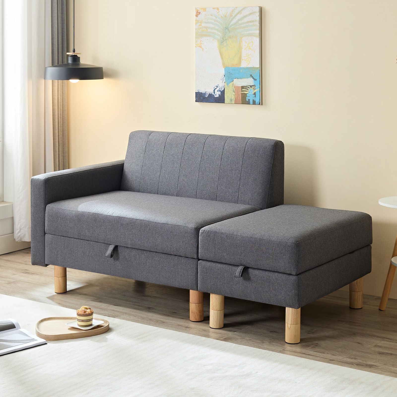 数量 2~3人掛け カウチソファ ソファー 収納付き レイアウト自由 2人掛け スツール L字 コーナーソファー VECELO 肘付き 天然木脚 3段高さ調節可 シンプル グレー