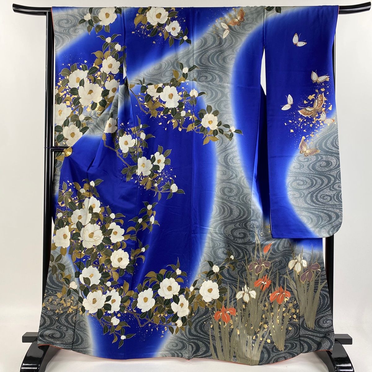 振袖 身丈165.5cm 裄丈66cm M 袷 椿 流水 金糸 金彩 青 正絹 秀