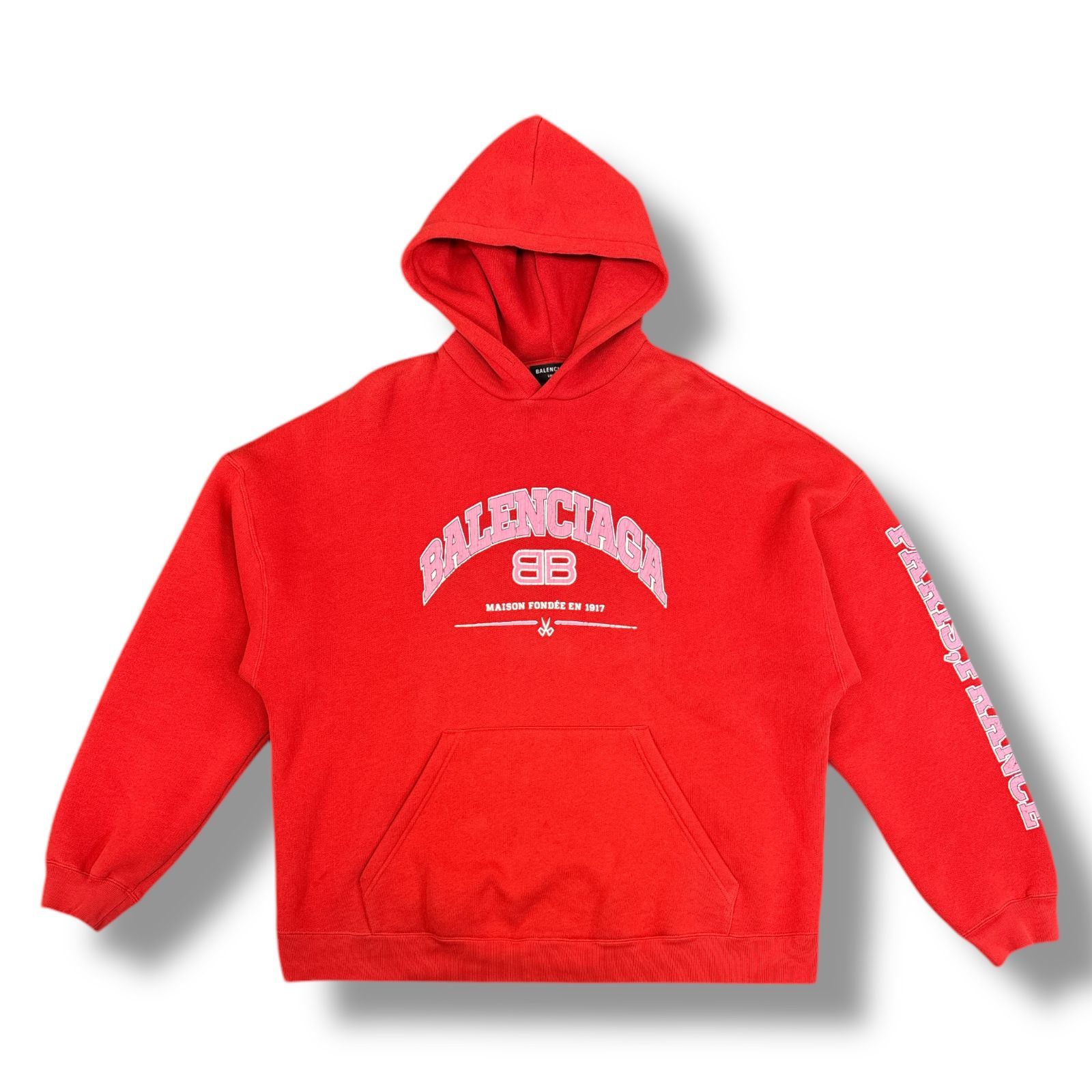 国内正規 BALENCIAGA カレッジロゴ BB プリント スウェット フーディー プルオーバー パーカー バレンシアガ 674986 レッド L 85673A1