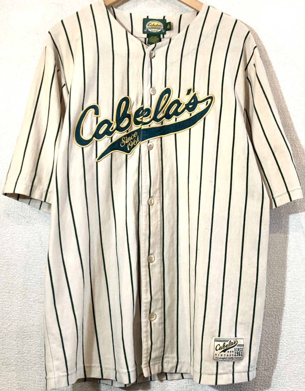 CABELA S 90 s-2000 sVINTAGE ベースボールシャツ ロゴデザイン ストライプ ビッグシルエット USA カベラス ビンテージ ベージュ 肌緑