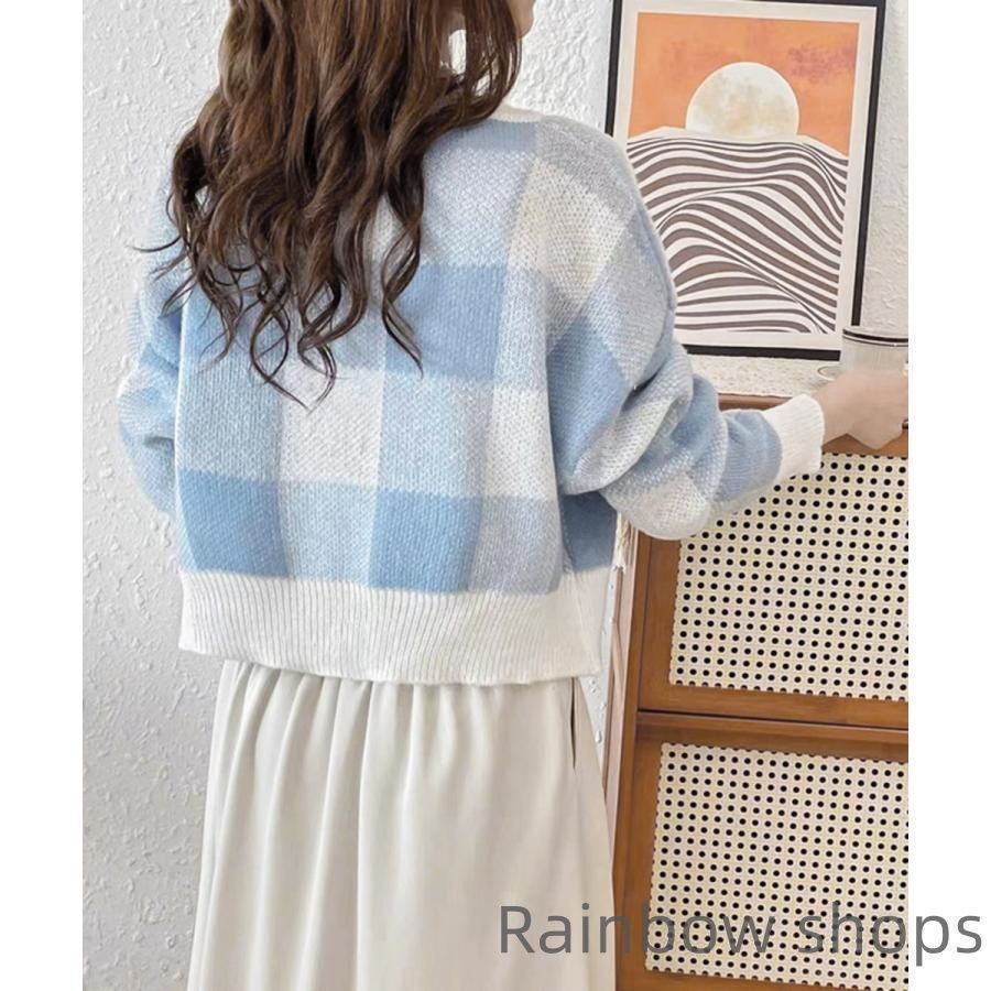 チェック柄ニット ショート丈