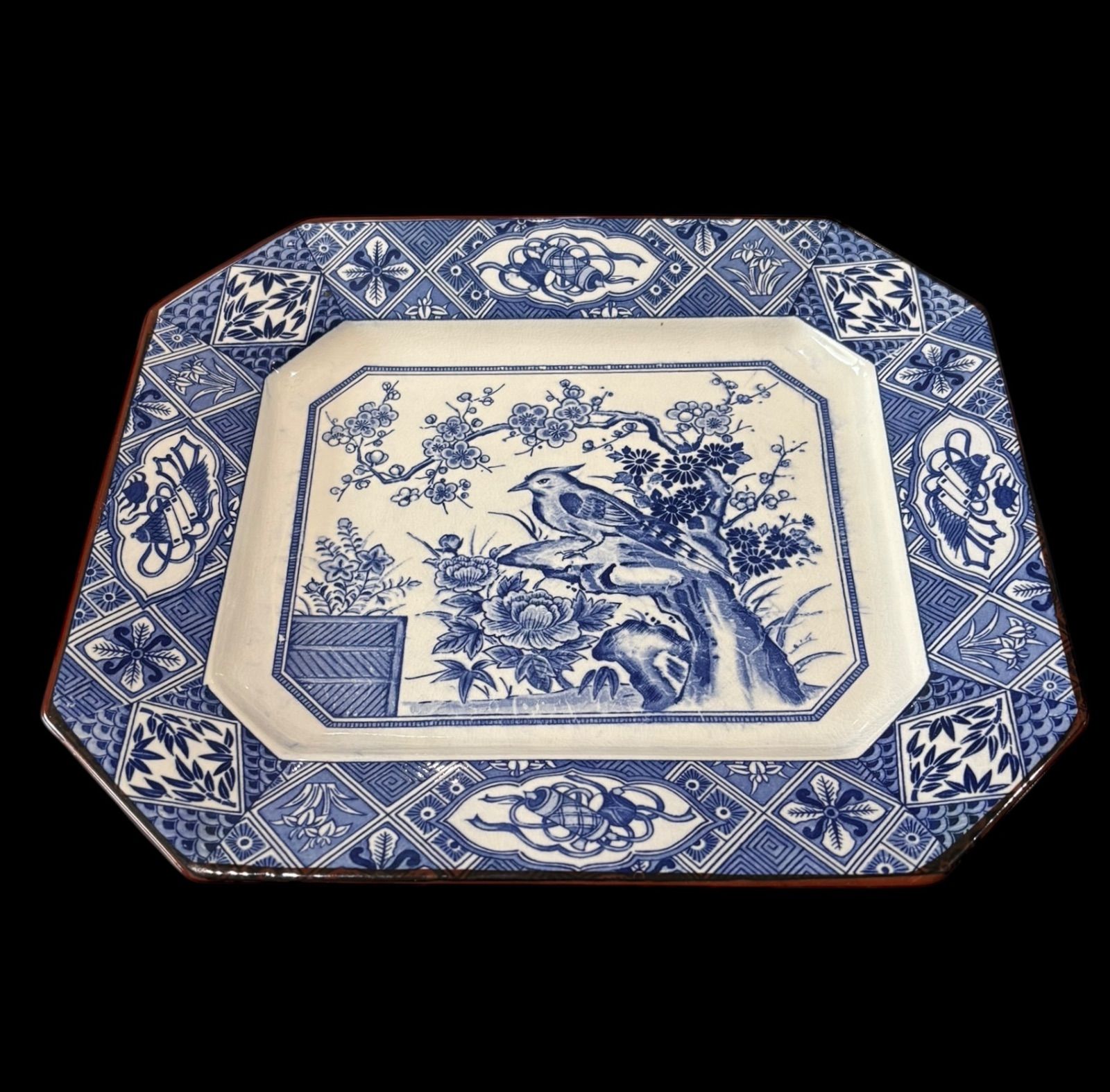 美品 陶器 年代物 盛り皿 角皿 六角絵皿 染付の絵柄が素敵な 舟