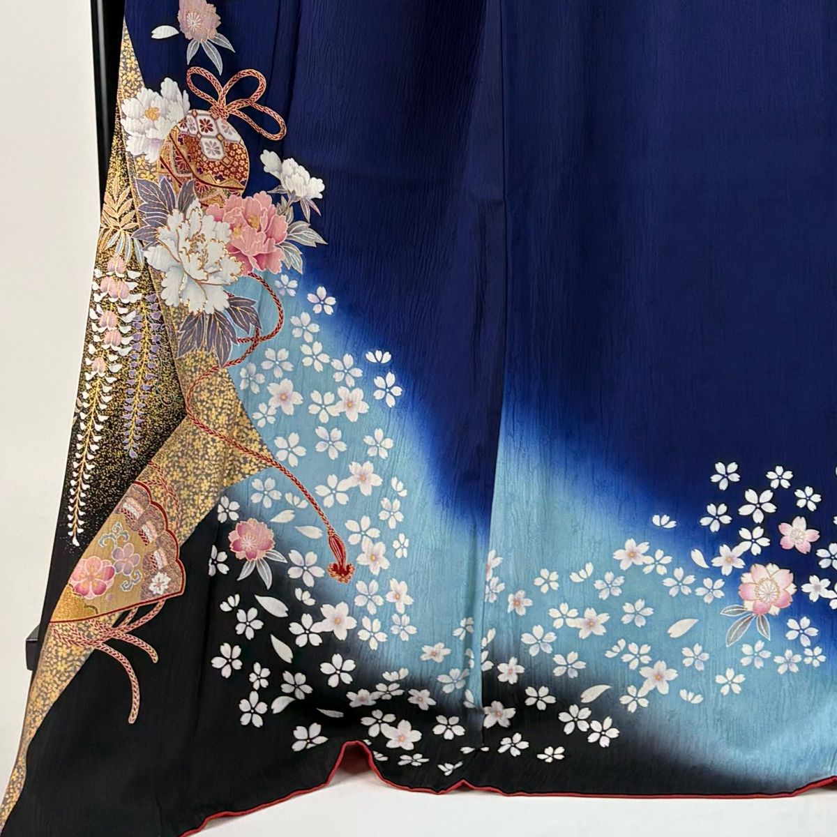 振袖 身丈173cm 裄丈73.5cm L 袷 牡丹 鈴 金糸 金彩 青紫 正絹 秀品