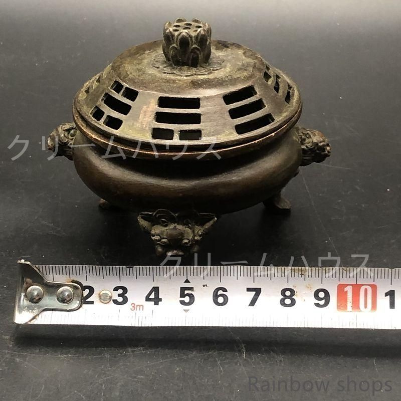 銅 細工 浮彫り百福網蓋薫香炉 茶道香炉 工芸品 美術品 置物 新品・未使用】新品未使用銅器 三足双獅頭香炉 蓮華蓋薫香炉