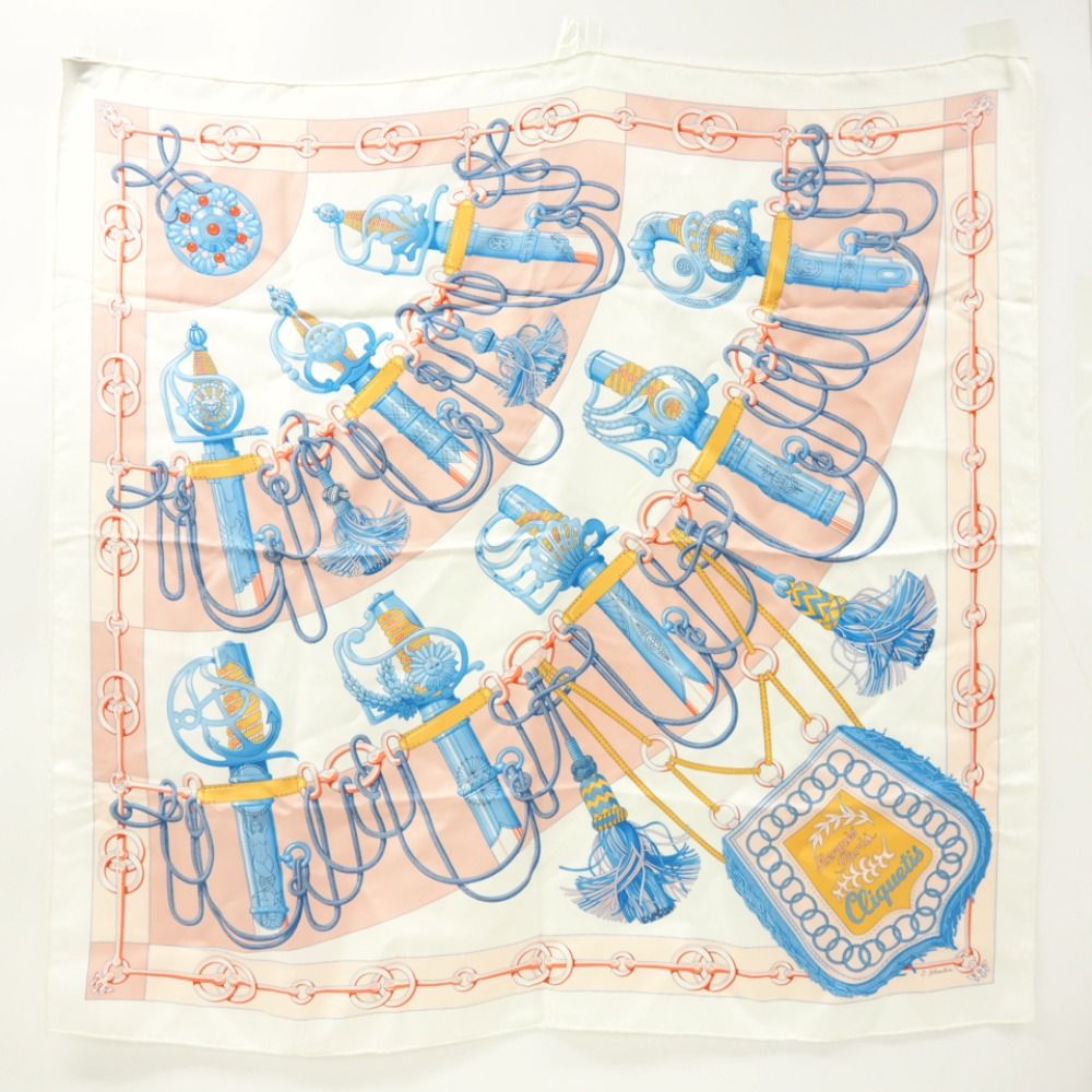 HERMES/エルメス カレ90 Cliquetis カチカチ 剣柄 スカーフ ホワイト