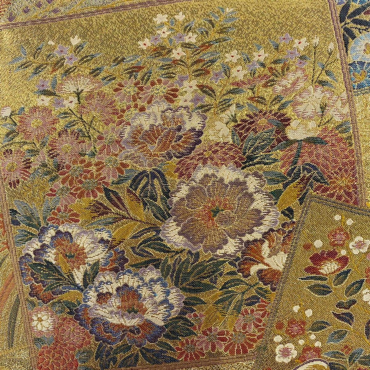 丸帯 落款 加賀名品百撰 髙木健次 西陣織 色紙 花鳥 本金箔 金糸 金色 お太鼓柄 正絹